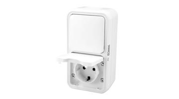 Bura fehér felületi Schuko dugalj + kapcsoló, 16A, 250V, IP55, csavarmentes szer